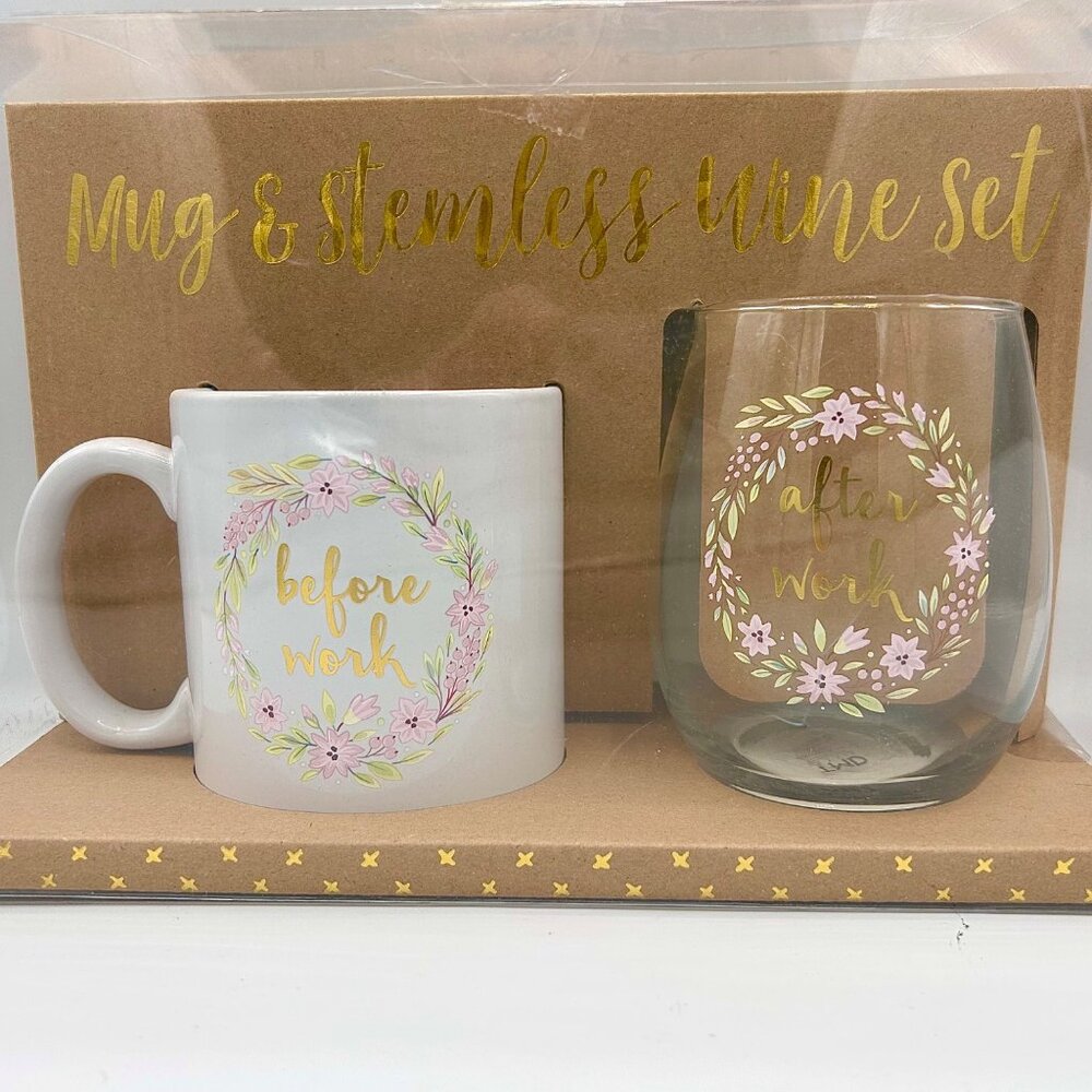 NIP BEFORE & AFTER WORK STEMLESS WINE GLASS COFFEE MUG FLORAL GIFT SET CHRISTMAS